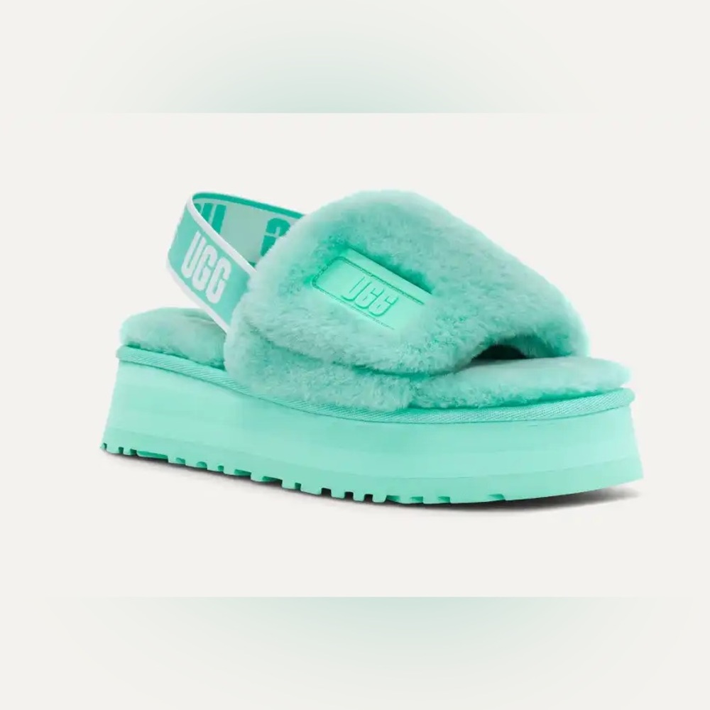 UGG Disco Sandals Y2K Platform Women's Size 8 Sheepskin-Mint Green Furry New